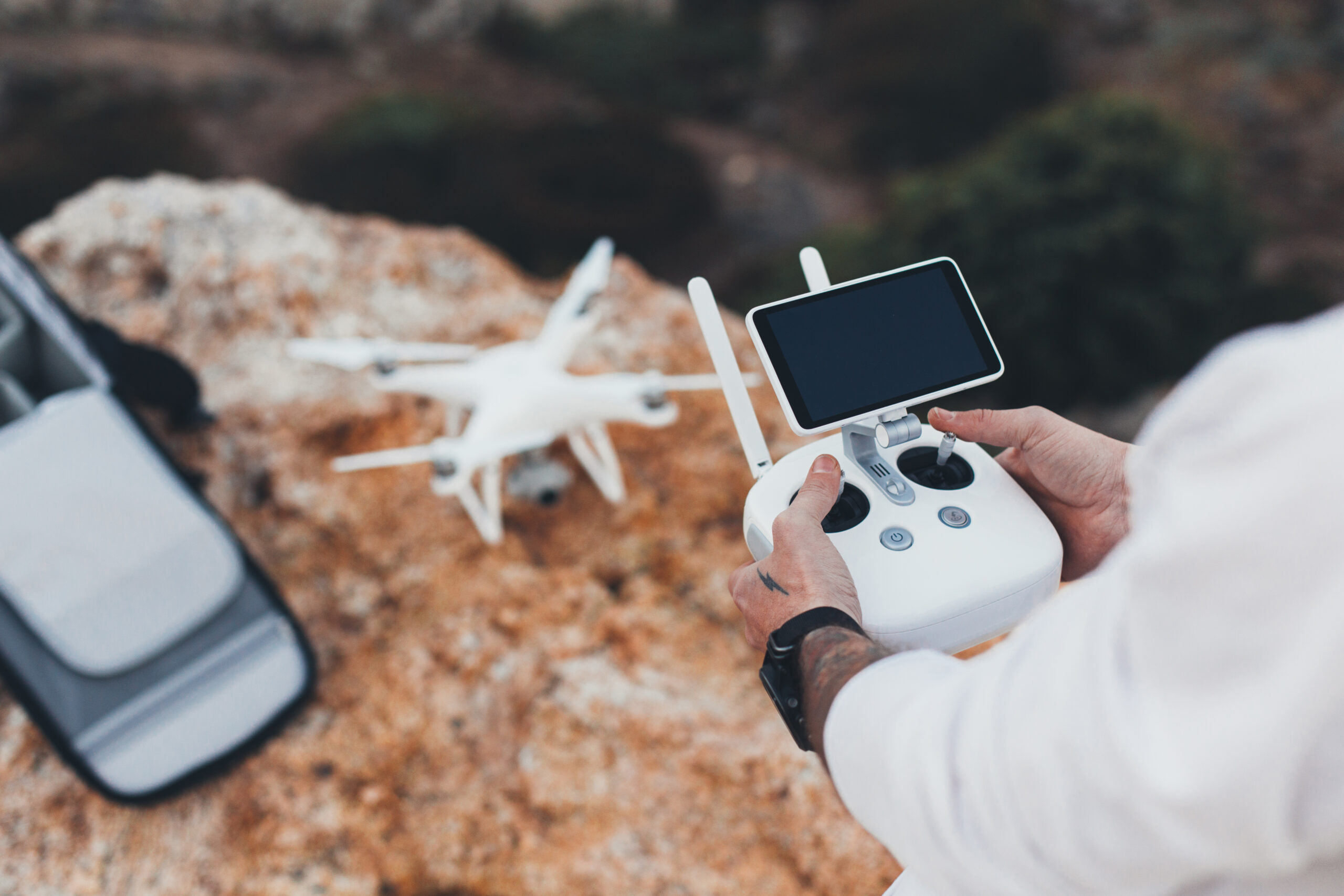 drone pilot photographer prepares launch flight